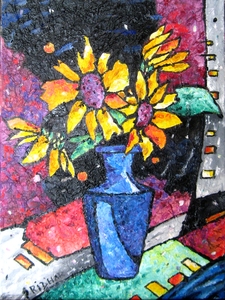 mixed media painting - 4 Flowers and Blue Vase