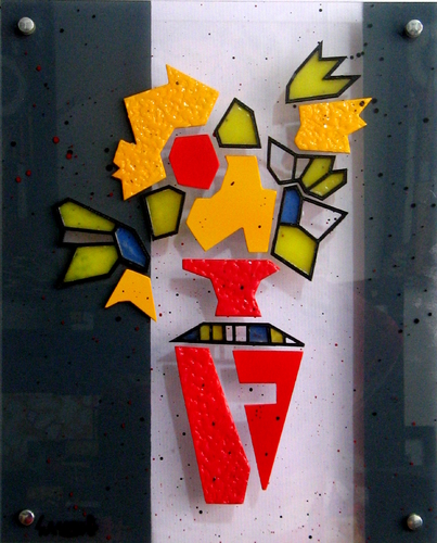 Unique abstract contemporary art - Sunflowers and red vase
